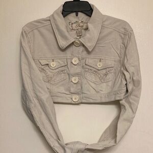 Cropped Beige Jean Jacket with Rhinestone Pocket Detail - Women